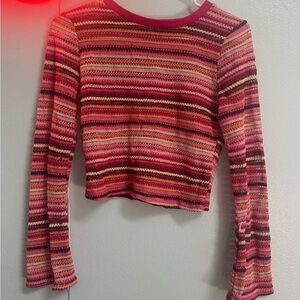 Almost Famous Striped Cropped Knit Top - Pink, Red & Cream
